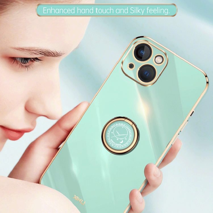 For iPhone 15 Plus XINLI Straight Edge 6D Electroplate TPU Phone Case with Ring Holder(Black)