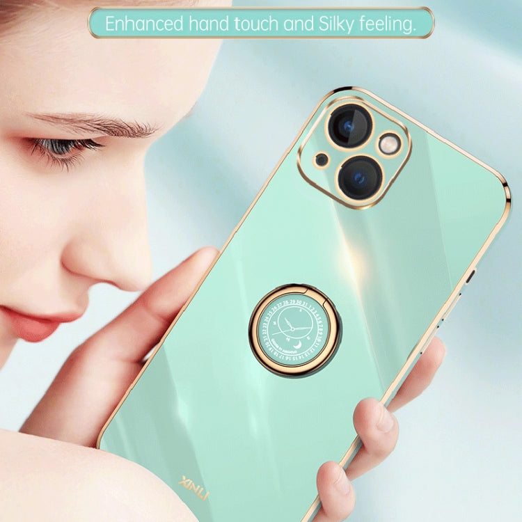 For iPhone 15 XINLI Straight Edge 6D Electroplate TPU Phone Case with Ring Holder(Pink)