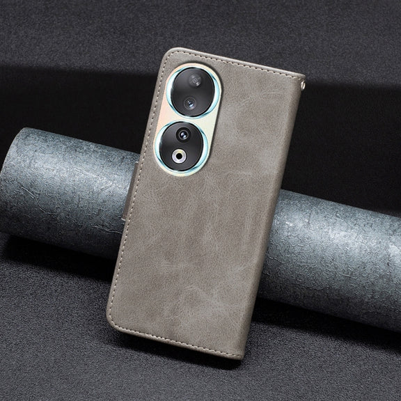 For Honor 90 5G Lambskin Texture Pure Color Flip Leather Phone Case(Grey)