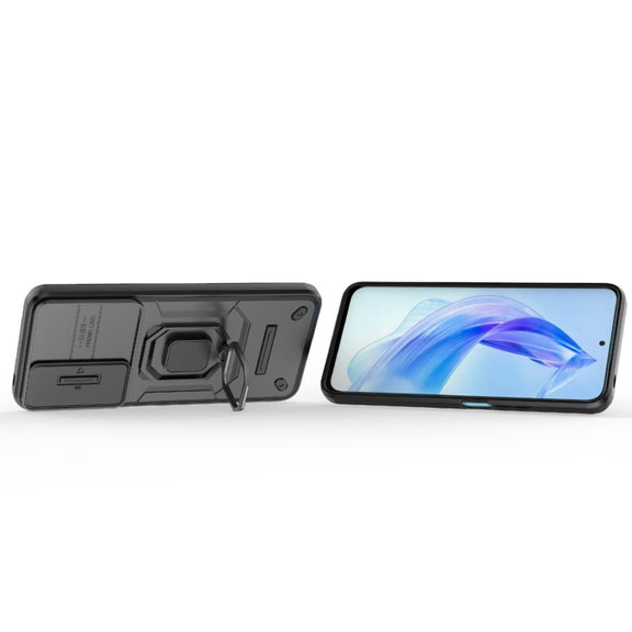 For Honor 90 Lite 5G Sliding Camshield TPU + PC Shockproof Phone Case with Holder(Black)