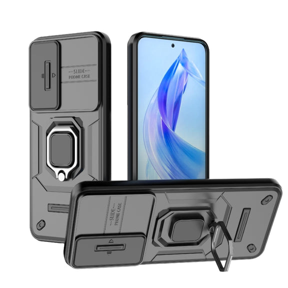 For Honor 90 Lite 5G Sliding Camshield TPU + PC Shockproof Phone Case with Holder(Black)
