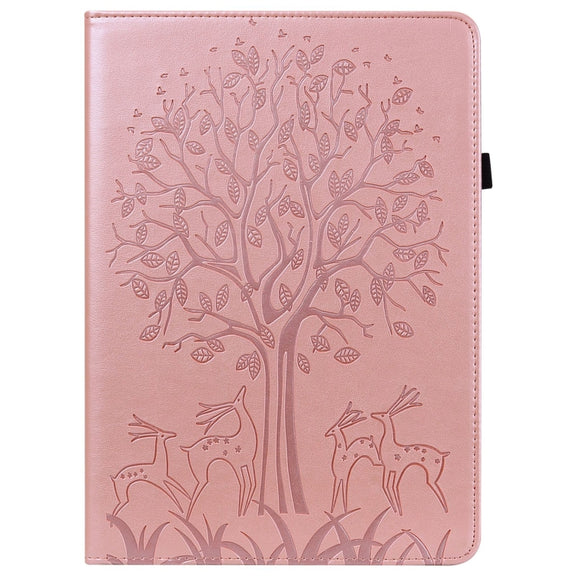 For Samsung Galaxy Tab A9+ Tree & Deer Embossed Leather Tablet Case(Pink)