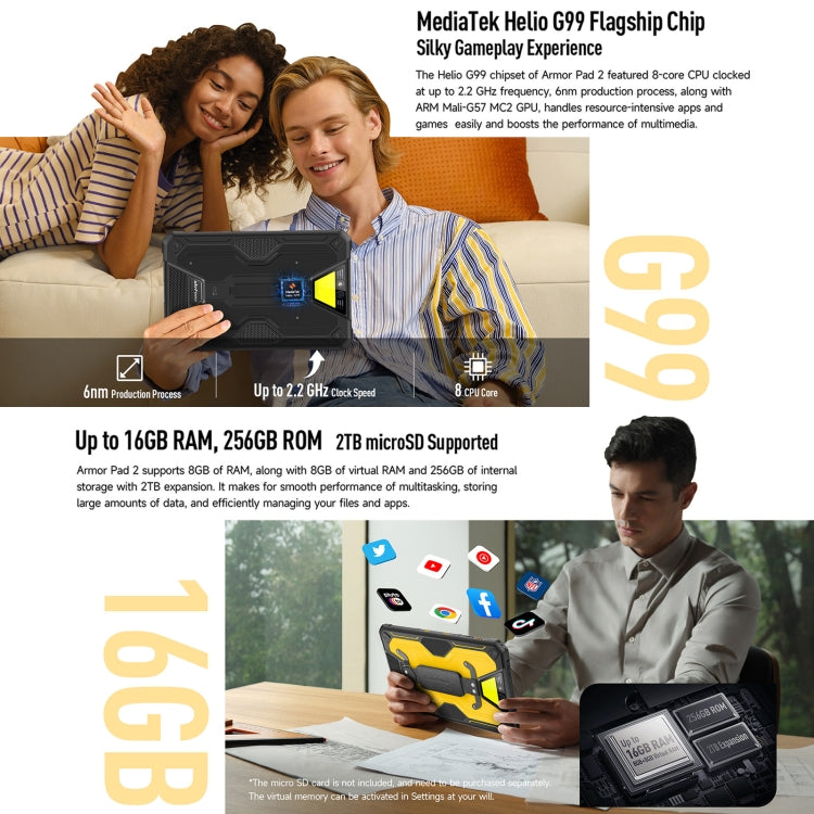 Ulefone Armor Pad 2 Rugged Tablet PC, 16GB+256GB 11 inch Android 13 MediaTek Helio G99 Octa Core 4G Network EU Plug(Yellow)