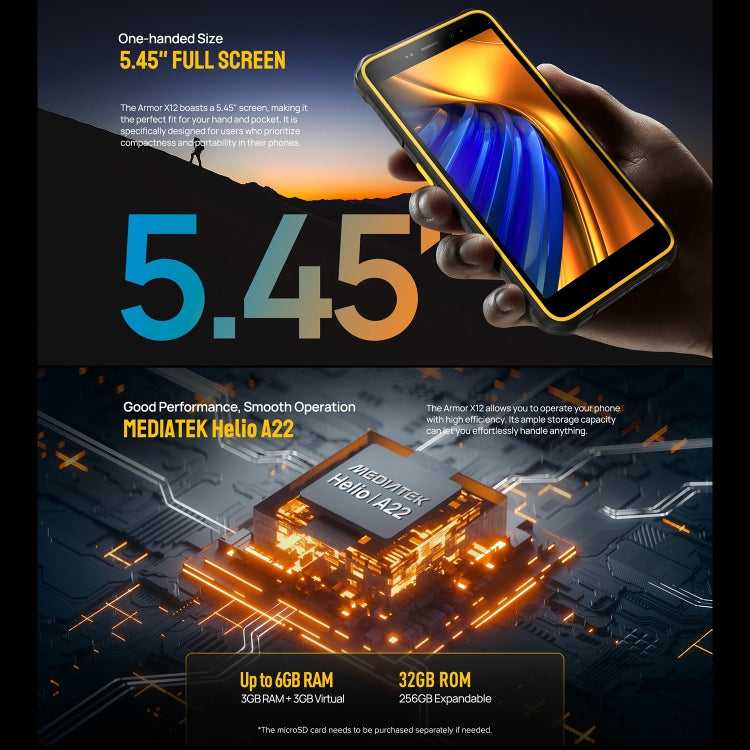 Ulefone Armor X12, 3GB+32GB, Rugged Phone, Face Unlock, 5.45 inch Android 13 Go MediaTek Helio A22 Quad Core, Network: 4G, NFC(All Black)