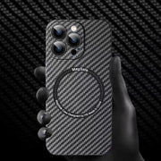 For iPhone 13 Pro MagSafe Magnetic PC Carbon Fiber Phone Case with Lens Film(Black)