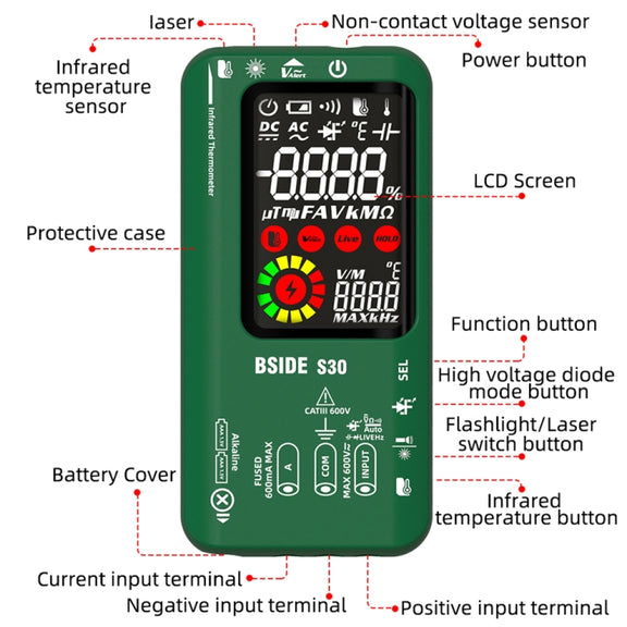 BSIDE S30 Smart Color Screen Infrared Temperature Measurement Multimeter(Red)