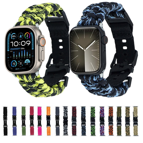 For Apple Watch SE 2023 44mm Paracord Plain Braided Webbing Buckle Watch Band(Black Green)