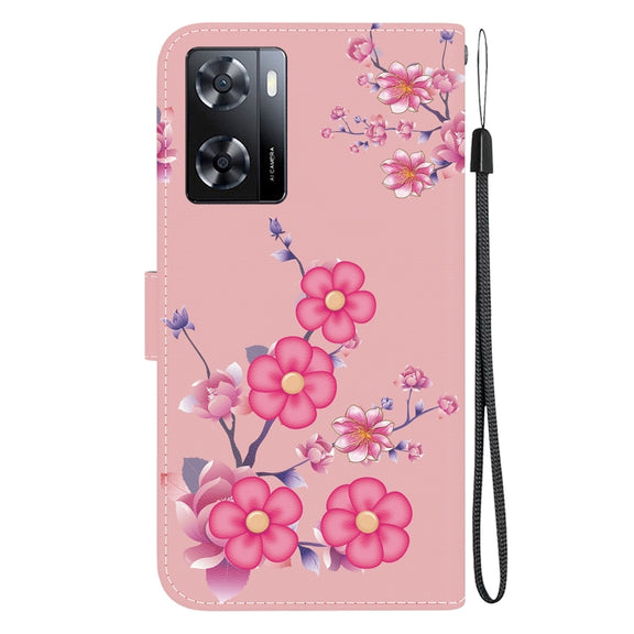 For OPPO A57 5G / A57s 4G Crystal Texture Colored Drawing Leather Phone Case(Cherry Blossoms)