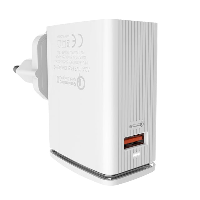 LDNIO A1301Q 2 in 1 18W QC3.0 USB Interface Travel Charger Mobile Phone Charger with 8 Pin Data Cable, EU Plug