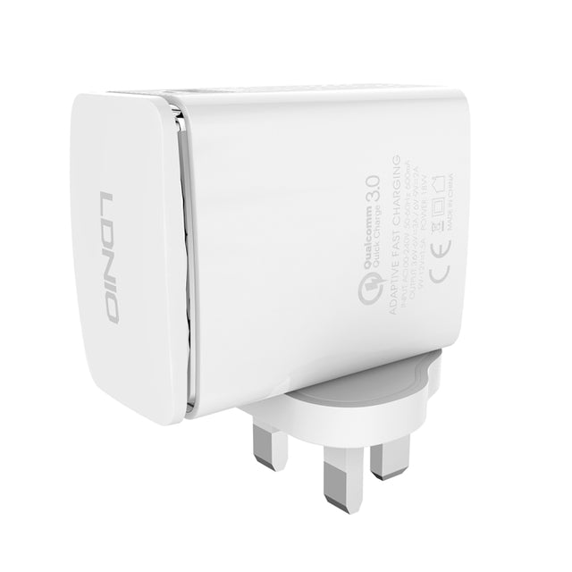 LDNIO A1301Q 2 in 1 18W QC3.0 USB Interface Travel Charger Mobile Phone Charger with 8 Pin Data Cable, UK Plug