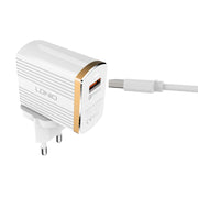 LDNIO A1302Q 2 in 1 18W QC3.0 USB Interface Grid Shape Travel Charger Mobile Phone Charger with Type-C / USB-C Data Cable, EU Plug
