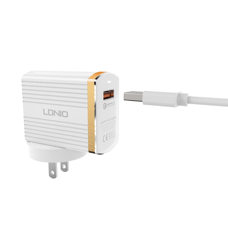 LDNIO A1302Q 2 in 1 18W QC3.0 USB Interface Grid Shape Travel Charger Mobile Phone Charger with Micro USB Data Cable, US Plug