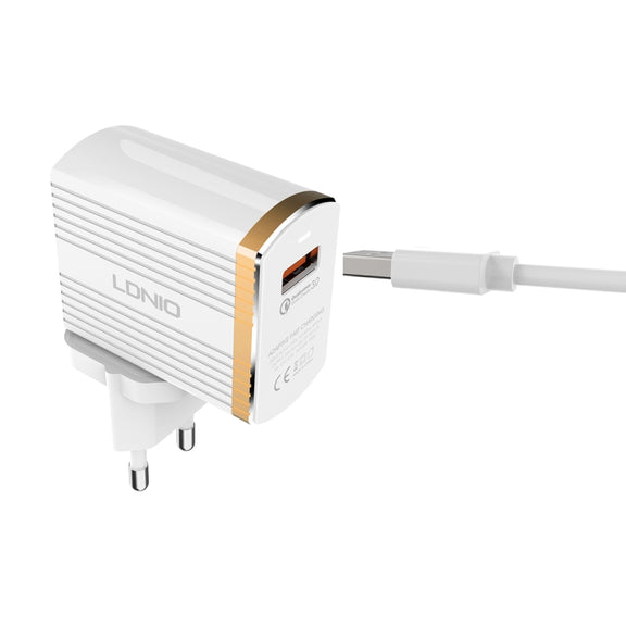 LDNIO A1302Q 2 in 1 18W QC3.0 USB Interface Grid Shape Travel Charger Mobile Phone Charger with Micro USB Data Cable, EU Plug
