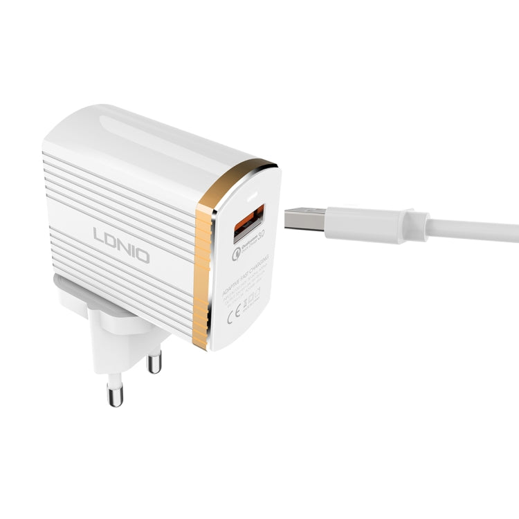 LDNIO A1302Q 2 in 1 18W QC3.0 USB Interface Grid Shape Travel Charger Mobile Phone Charger with Micro USB Data Cable, EU Plug