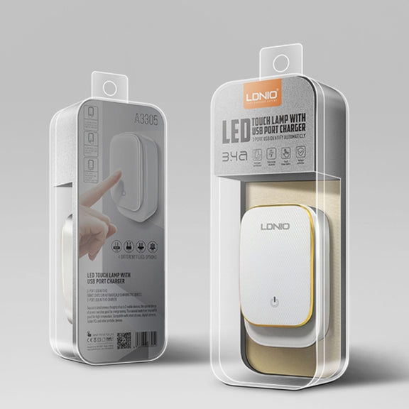 LDNIO A3305 3.4A 3 USB Interfaces Travel Charger Mobile Phone Charger, Support Touch LED Night Light, with Micro USB Data  Cable, EU Plug