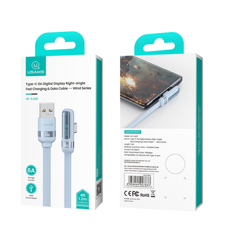 USAMS US-SJ651 6A USB to USB-C/Type-C Aluminum Alloy Digital Display Fast Charging Elbow Data Cable, Length: 1.2m(Black)