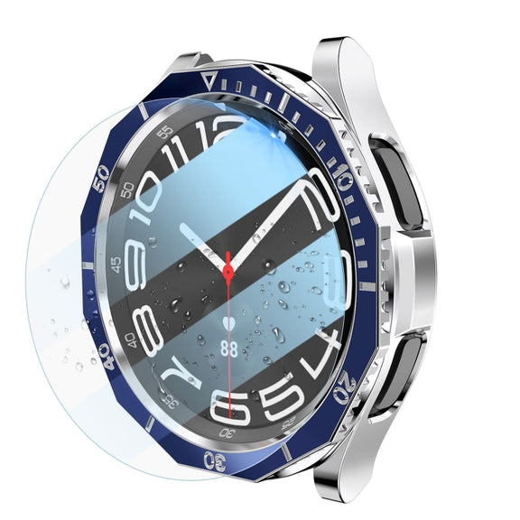 For Samsung Galaxy Watch6 Classic 43mm R950 Electroplate PC Case + Tempered Film + Watch Bezel Ring Set(Blue+Silver)