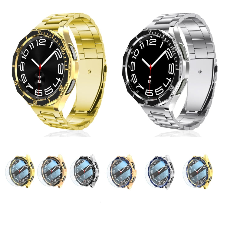 For Samsung Galaxy Watch6 Classic 43mm R950 Electroplate PC Case + Tempered Film + Watch Bezel Ring Set(Blue+Silver)