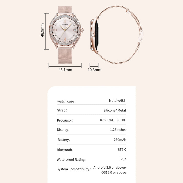 V66 1.28inch BT5.0 Smart Watch Support Heart Rate/ Sleep Detection, Style:Silicone Strap(Gold)