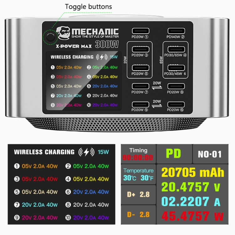 Mechanic X-Power Series Multiport Digital Display USB Charger Station with Wireless Charging, Total Power:150W(US Plug)