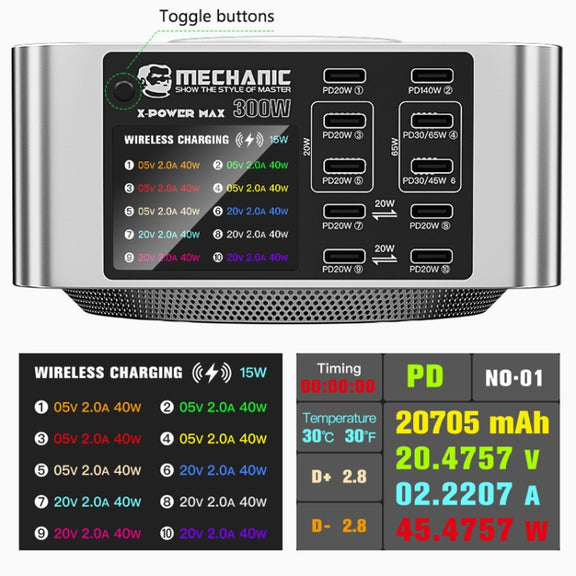 Mechanic X-Power Series Multiport Digital Display USB Charger Station with Wireless Charging, Total Power:150W(US Plug)