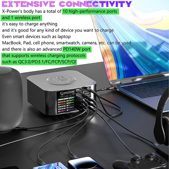Mechanic X-Power Series Multiport Digital Display USB Charger Station with Wireless Charging, Total Power:300W(US Plug)