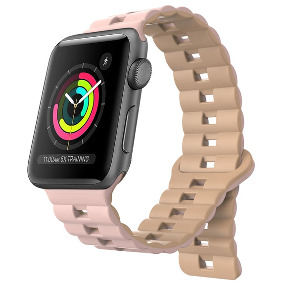 For Apple Watch Series 3 42mm Reverse Buckle Two Color Magnetic Silicone Watch Band(Pink+Grey)