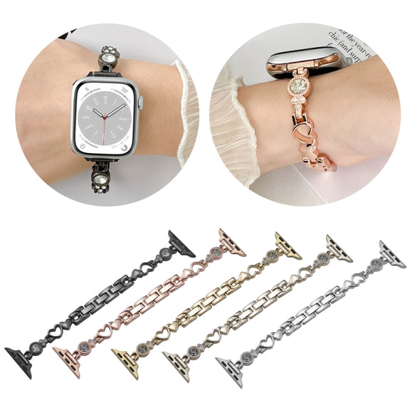 For Apple Watch Series 2 38mm Diamond Hearts Metal Chain Watch Band(Silver)