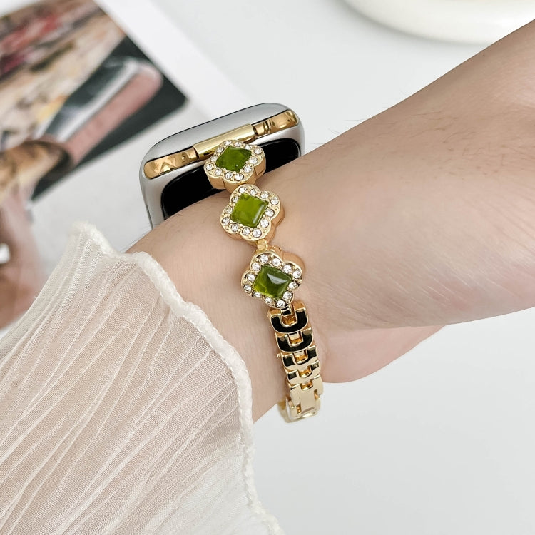 For Apple Watch 42mm Diamond Four-leaf Clover Metal Chain Watch Band(Gold)