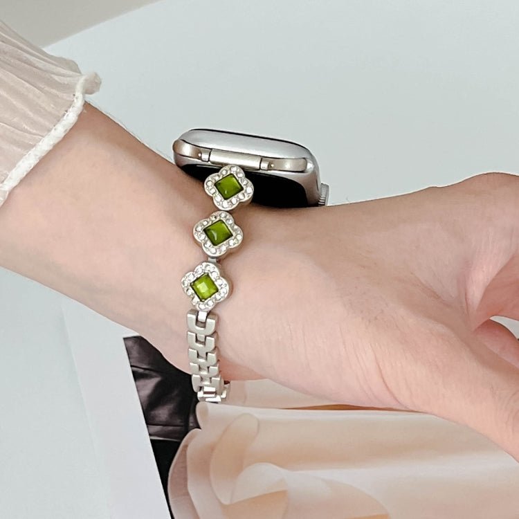 For Apple Watch Series 5 44mm Diamond Four-leaf Clover Metal Chain Watch Band(Silver)