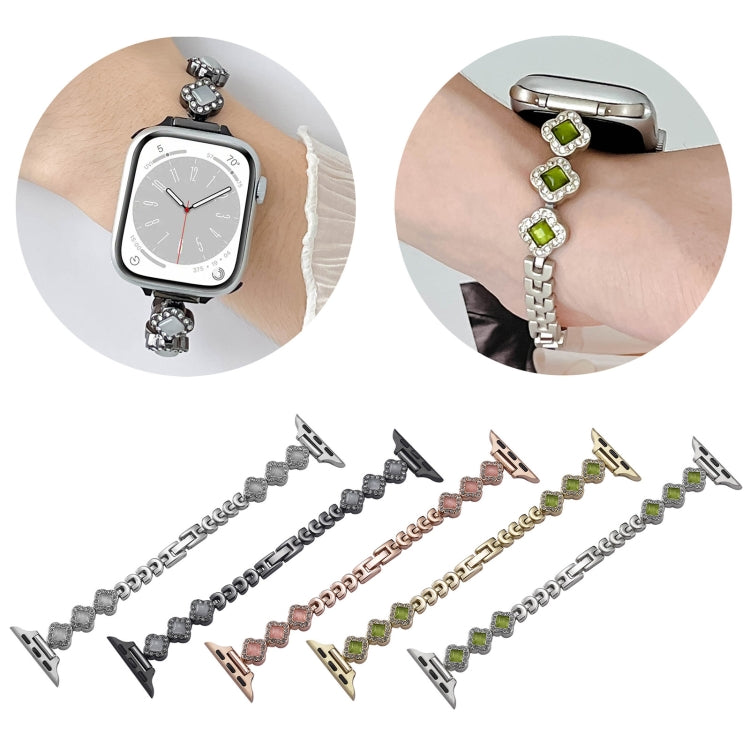 For Apple Watch SE 44mm Diamond Four-leaf Clover Metal Chain Watch Band(Gold)