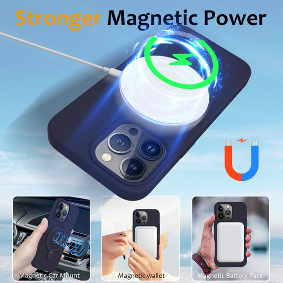 For iPhone 13 Pro Liquid Silicone MagSafe Magnetic Phone Case with Ring Holder(Midnight Blue)