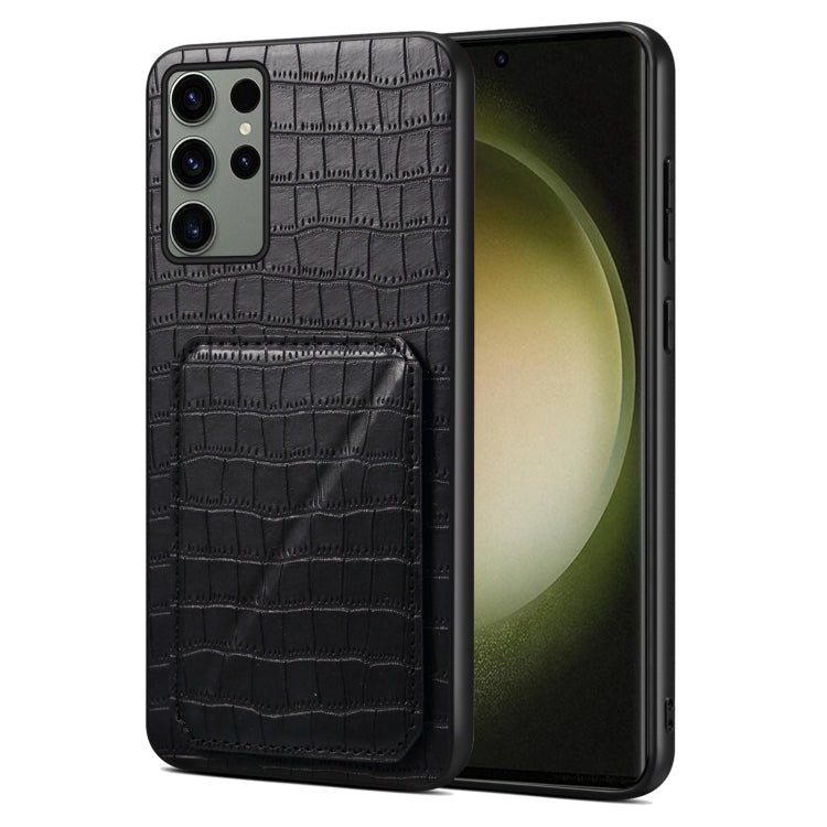 For Samsung Galaxy S23 Ultra 5G Denior Imitation Crocodile Leather Back Phone Case with Holder(Black)