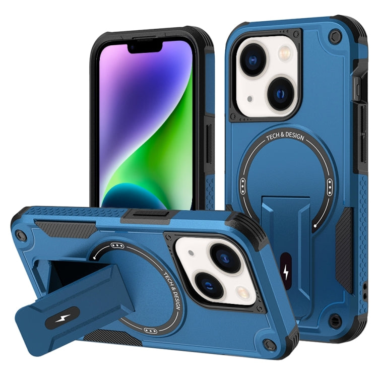 For iPhone 14 Plus Armor Magsafe Holder PC Hybrid TPU Phone Case(Dark Blue)