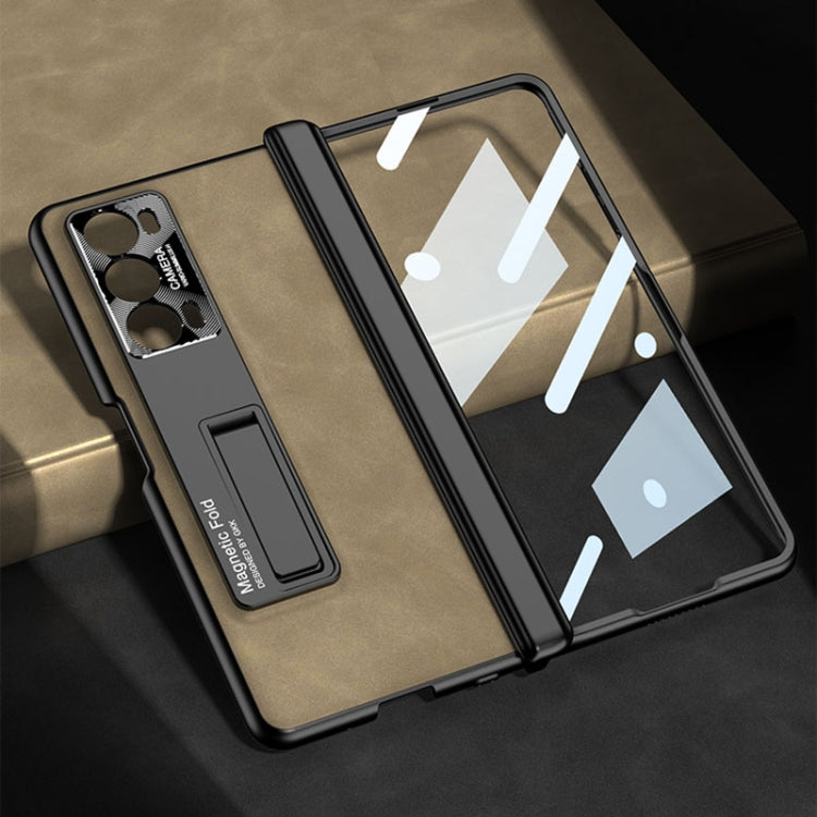 For Honor Magic V2 GKK Integrated Frosted Fold Hinge Leather Phone Case with Holder(Brown)