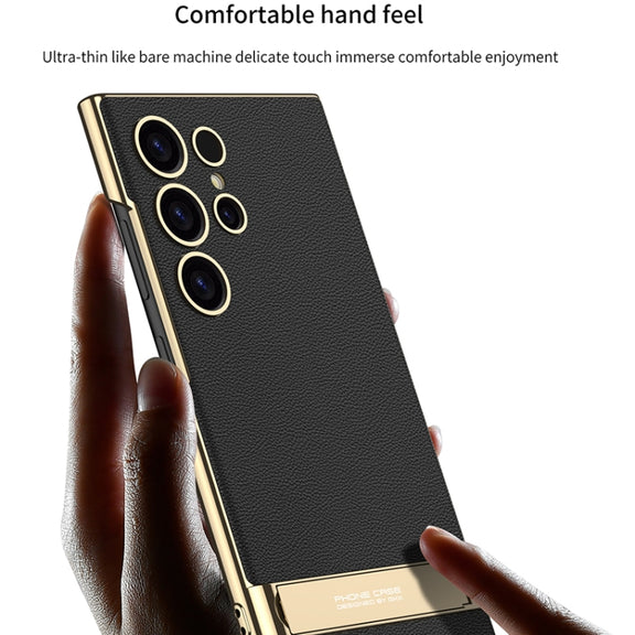 For Samsung Galaxy S24 Ultra 5G GKK Triumph Ultra-Thin Plain Leather Phone Case with Holder(Carbon Fiber)