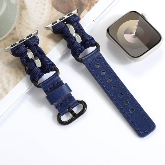 For Apple Watch Series 9 41mm Paracord Genuine Leather Watch Band(Royal Blue)