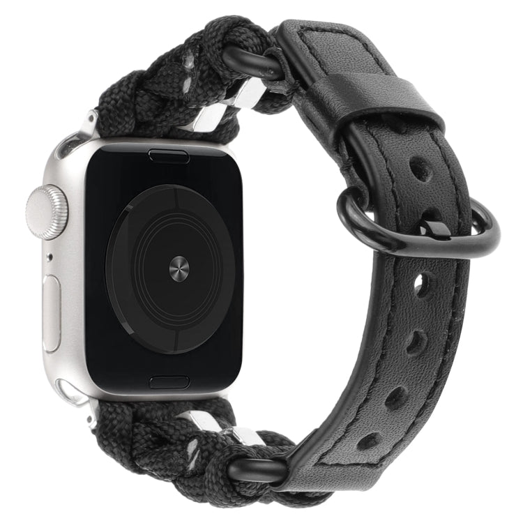 For Apple Watch Series 8 41mm Paracord Genuine Leather Watch Band(Black)