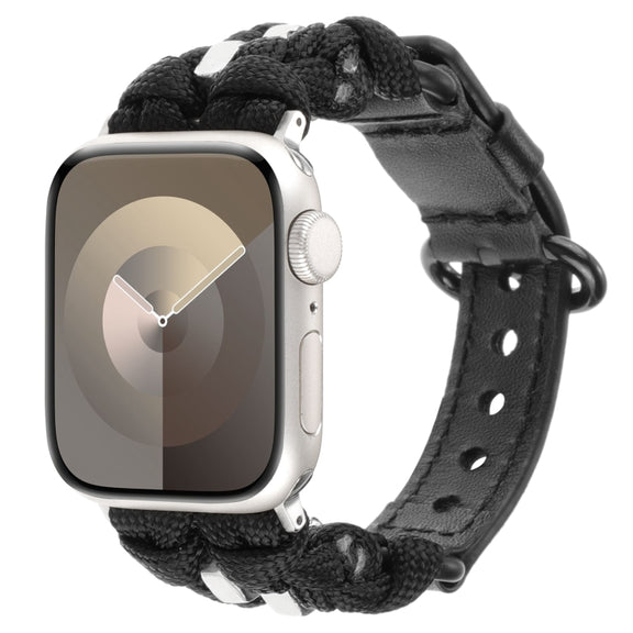For Apple Watch Series 8 41mm Paracord Genuine Leather Watch Band(Black)