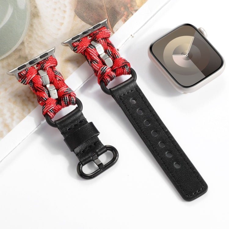 For Apple Watch Series 8 45mm Paracord Genuine Leather Watch Band(Black Red Camo)