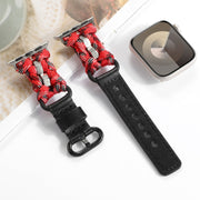 For Apple Watch Series 8 45mm Paracord Genuine Leather Watch Band(Black Red Camo)