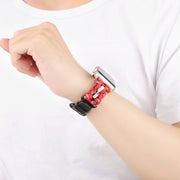 For Apple Watch Series 8 45mm Paracord Genuine Leather Watch Band(Black Red Camo)
