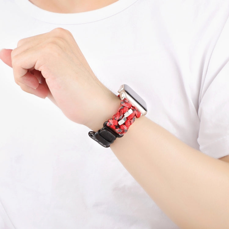 For Apple Watch Series 8 45mm Paracord Genuine Leather Watch Band(Black Red Camo)