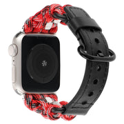 For Apple Watch Series 8 45mm Paracord Genuine Leather Watch Band(Black Red Camo)