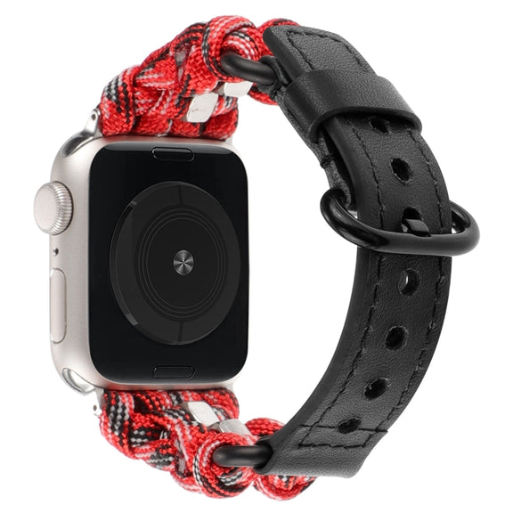 For Apple Watch Series 8 45mm Paracord Genuine Leather Watch Band(Black Red Camo)