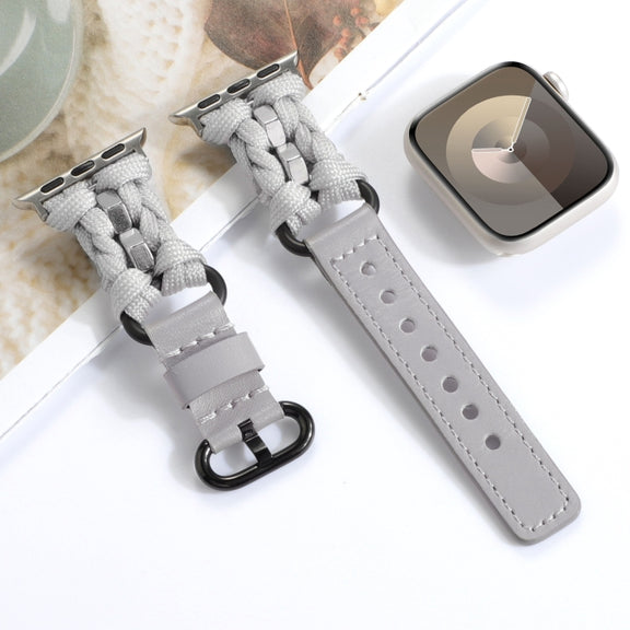 For Apple Watch Series 7 41mm Paracord Genuine Leather Watch Band(Grey)