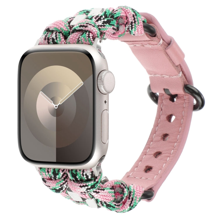 For Apple Watch Series 7 45mm Paracord Genuine Leather Watch Band(Pink Camo)
