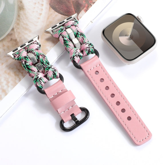 For Apple Watch Series 7 45mm Paracord Genuine Leather Watch Band(Pink Camo)