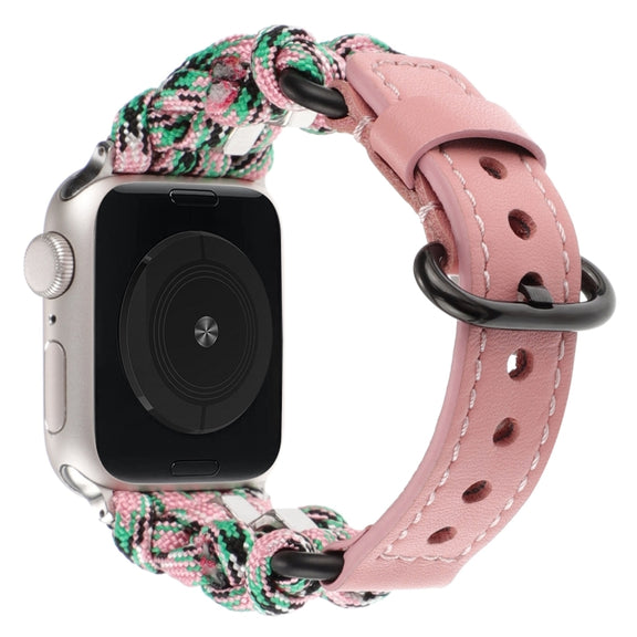 For Apple Watch Series 7 45mm Paracord Genuine Leather Watch Band(Pink Camo)