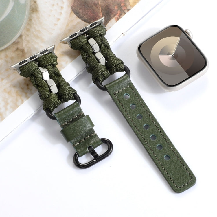 For Apple Watch SE 40mm Paracord Genuine Leather Watch Band(Army Green)